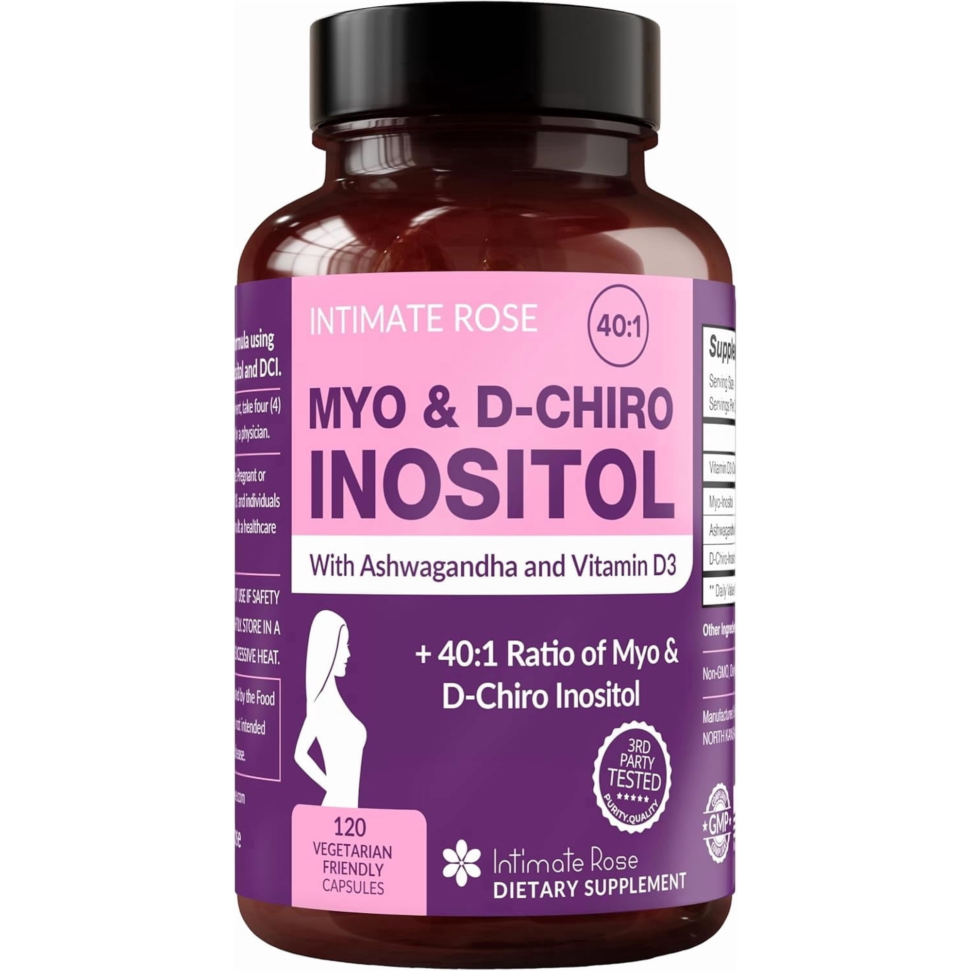 Intimate Rose Myo-Inositol and D-Chiro Inositol Supplement for Women, 40:1 Blend with Vitamin D3 and Ashwagandha, 120 Vegan Capsules