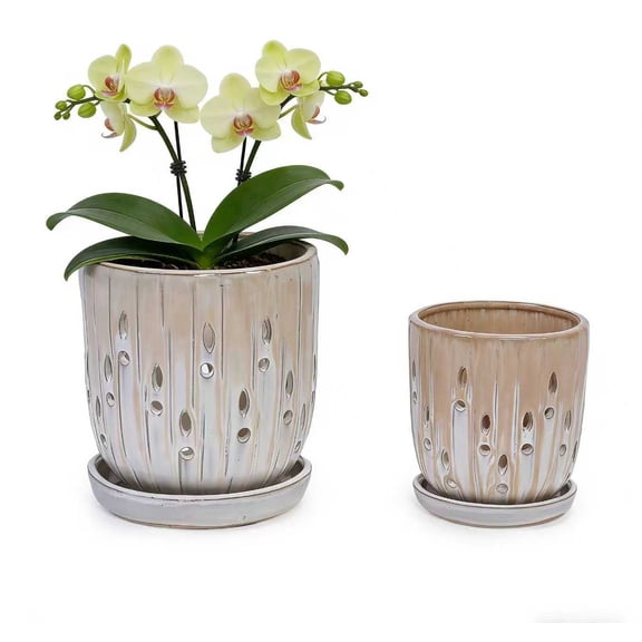 mdj pottery Set of 2 Ceramic Orchid Pots, 7.48 5.51 Inch Plant Pots with Drainage Holes and Saucer for Repotting, Hollow-Out Planter for Plant Indoor/Outdoor (Beige)