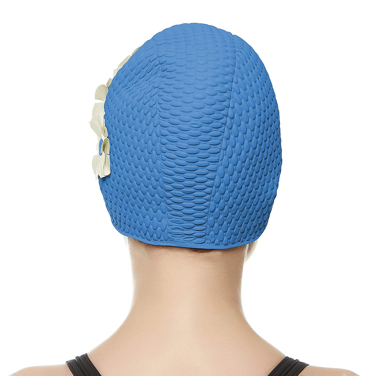 Beemo Swim Bathing Caps for Women & Girls - Retro Style Latex Bubble Crepe Swimming Hat with Tripple Flowers for Long/Short Hair