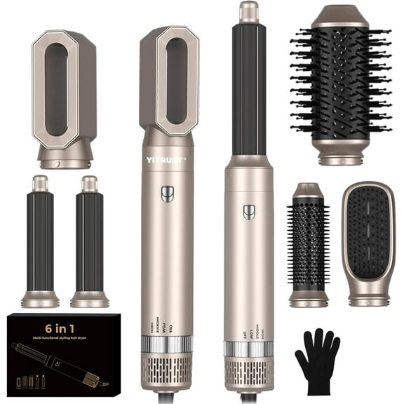 Hair Dryer Brush 6 in 1 Hair Styler 60000RPM Upgrade Brush Blow Dryer 1000W Hot Air Brush Left&Right Automatic Wrap Air Curler Detachable Hair Styling Tool Ionic Volumizer Straightener Gold