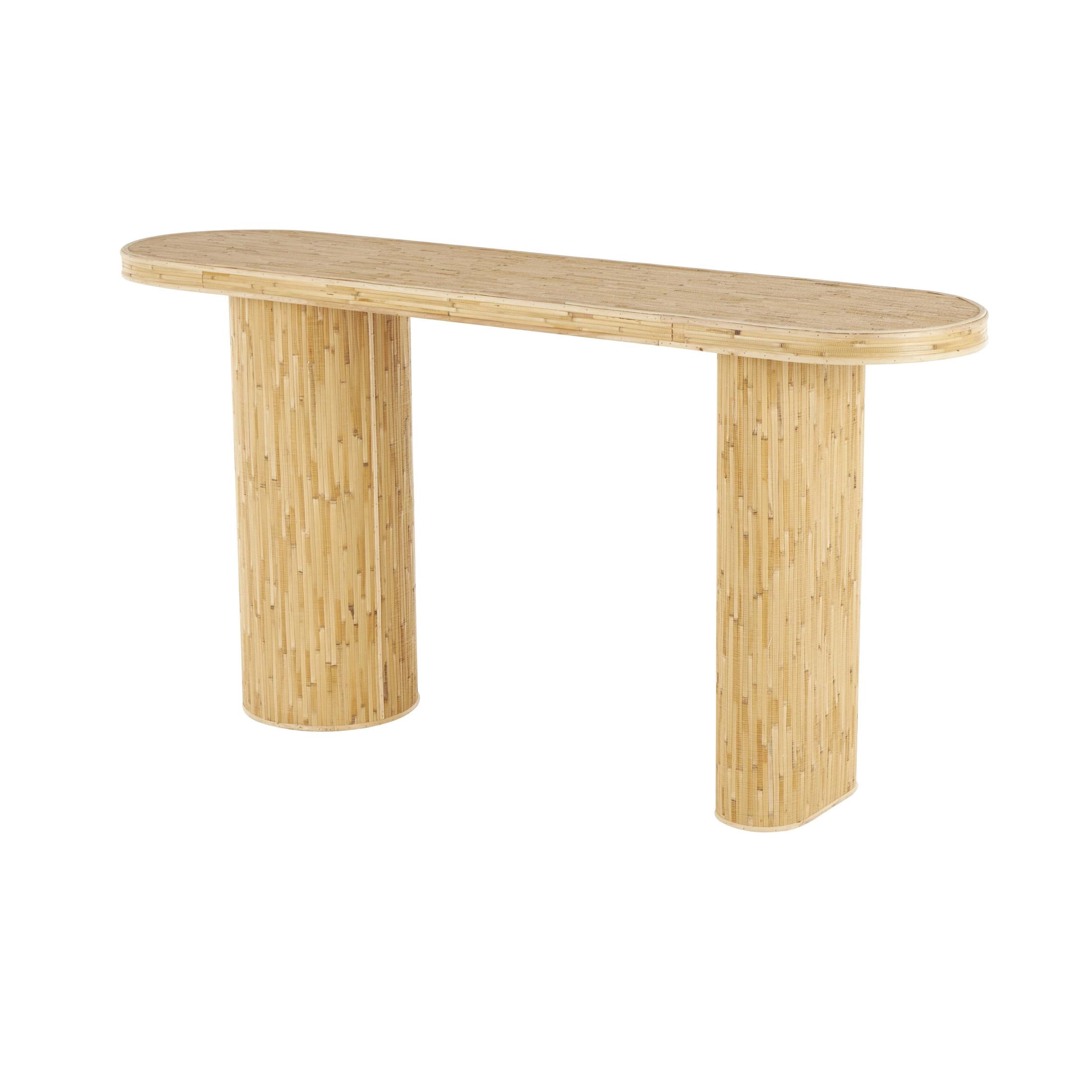 DecMode 64" x 32" Brown Rattan Handmade Textured Oval Console Table with Linear Wood Strip Design, 1-Piece