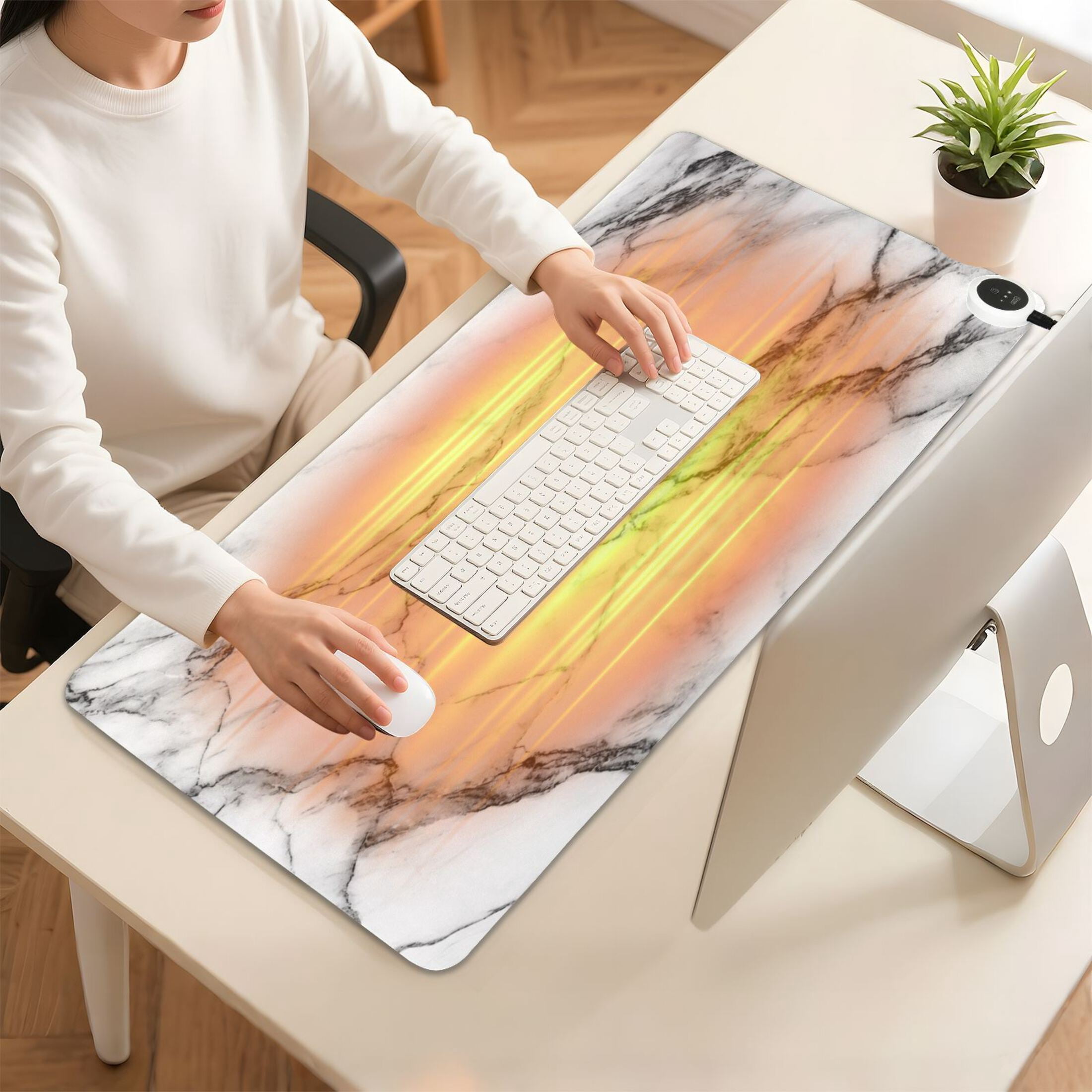 Large Heated Desk Mat Mouse Pad 31.5"x13"PU Leather Graphene Heating Desk Warmer with 3 Temperature Settings 110V US Plug Non-Slip Warm Pad for Home, Office, and Gaming Elegant Marble Texture Print