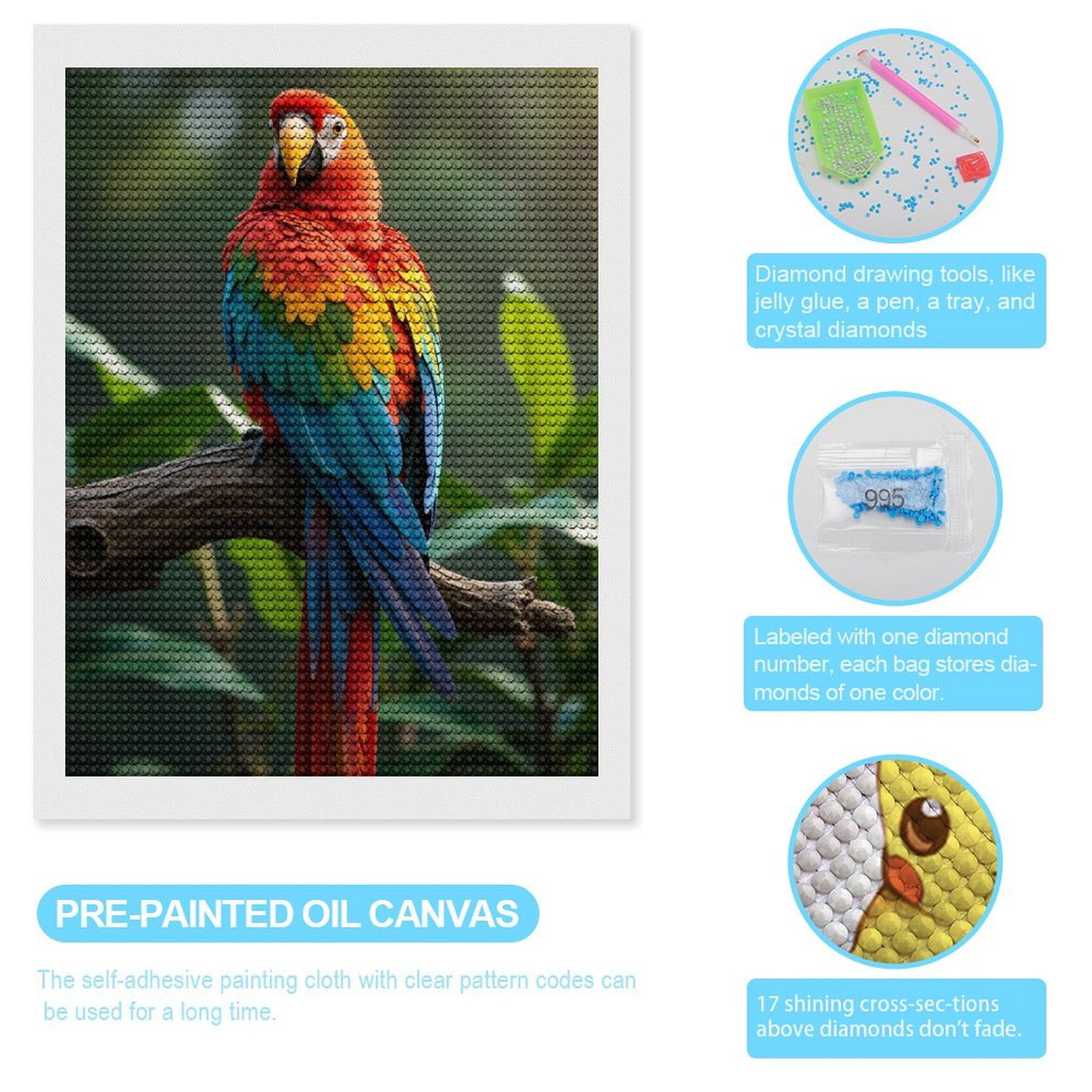 Diamond Art Kits for Adults - Colorful Parrot Perched On Branch 5d Diamond Painting for Adults, Diamond Art for Adults Beginners, Frameless Diamond Painting Kits for Adults for Home Wall Decor