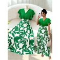 thumbnail image 3 of Elegant Green Leaf Pattern Wrap Cap Sleeve Fitted Maxi Dress For Women Spring Summer, 3 of 8