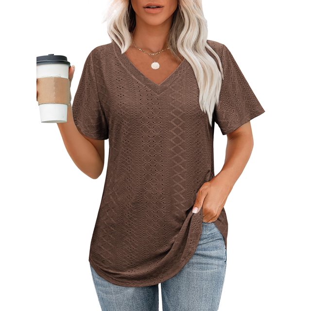 Camiseta OFEEFAN para mujer, cuello en V, manga corta, holgada, marrón, talla M