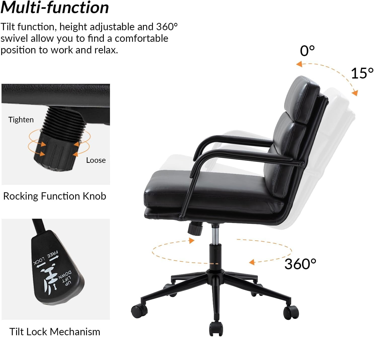 Faux Leather Home Office Chair, Swivel Task Desk Chair with Padded Cushion, Black
