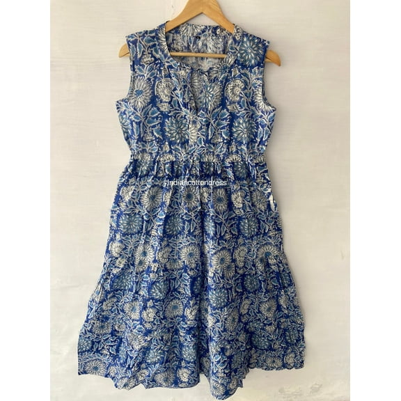 Blue Color Sleeveless Cotton Dress,Indian Print Dress,Cotton Block Dresss,Block Print Dress,Long Dresses