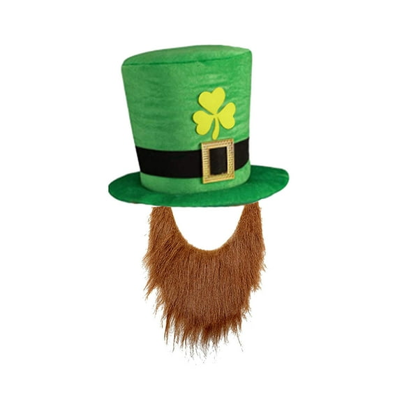 St. Patrick's Day Decorative Hat - Irish Green Top Hat With Yellow Shamrock & Brown Beard, One Size Fits Most - For St. Patrick's Day Party, Party, Festival Celebration,