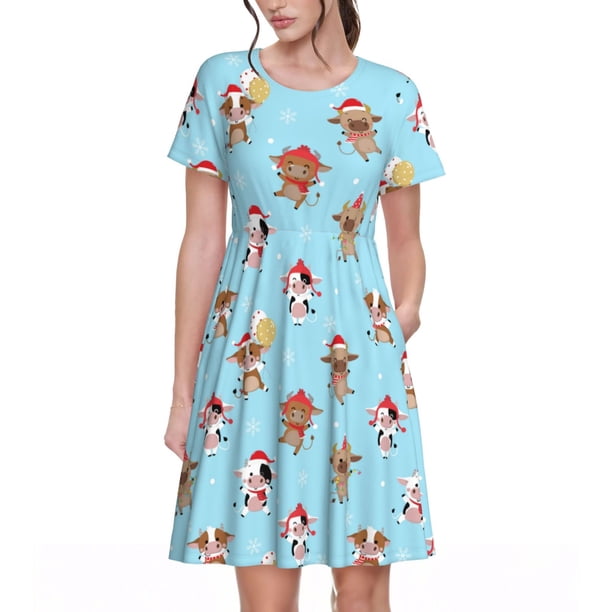 Balery winter cow cute Vestidos sueltos de manga corta para mujer, vestidos de verano 2025, vestidos casuales de corte A con vuelo.