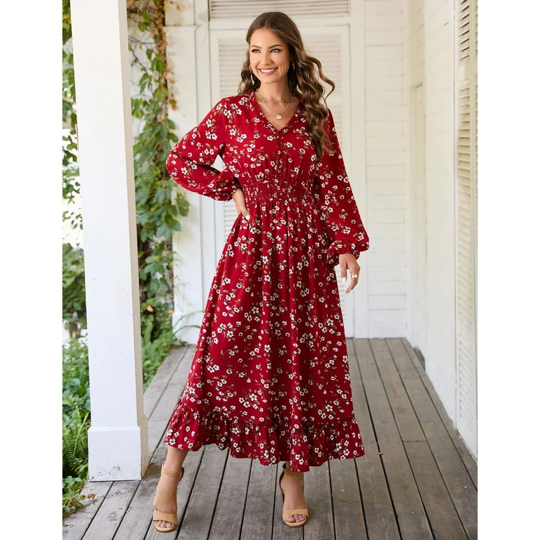 Yesfashion Casual V Neck Boho Floral Print Wedding Guest Maxi Dresses for Women Bohemian Flowy Maxi Dress, Women's, Size: XL