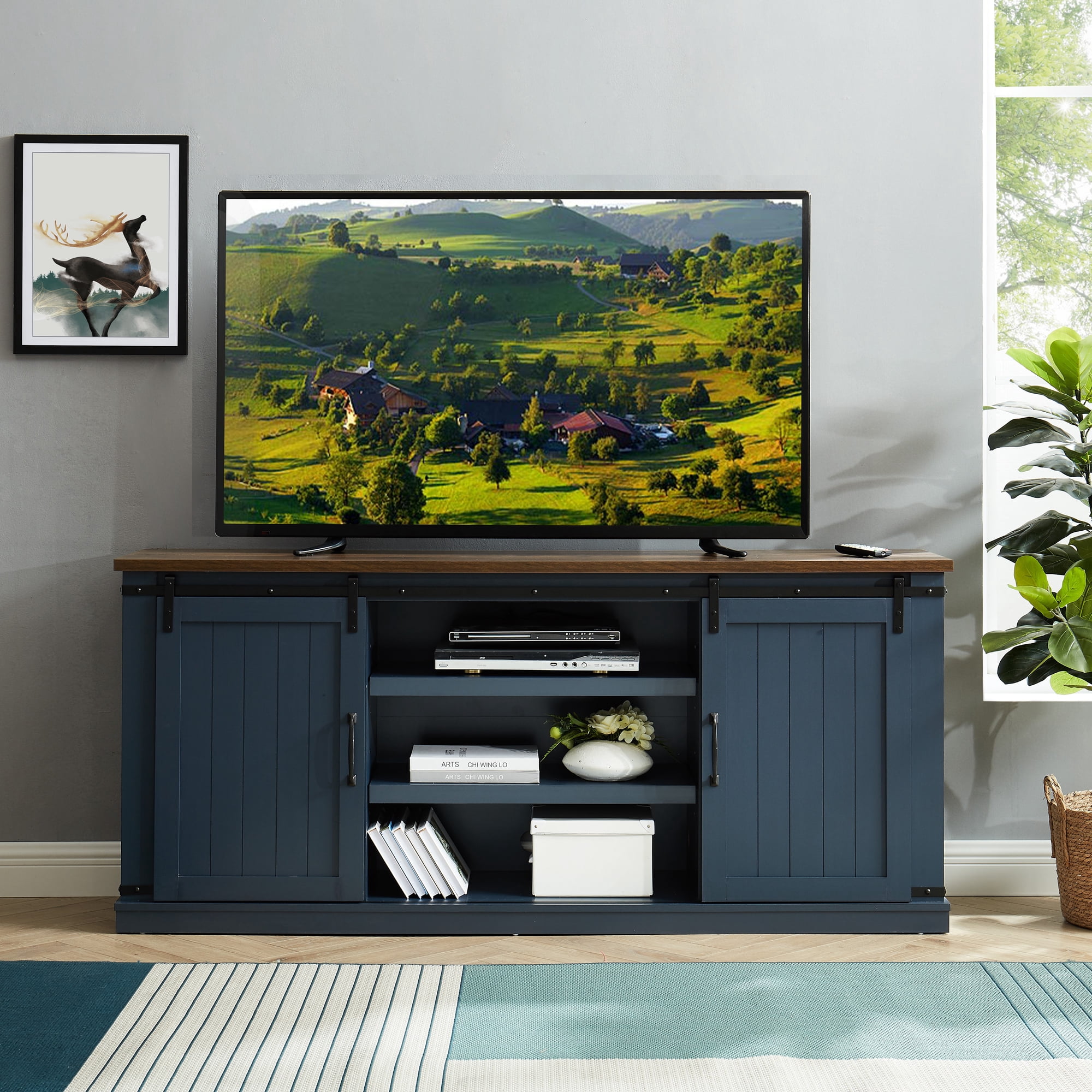 FESTIVO Farmhouse TV Stand for 75" TV, Entertainment Center, Sliding Barn Door TV Stand, 68 inch TV Console Table, Home Living Room Media Console with Adjustable Shelf - Navy Blue
