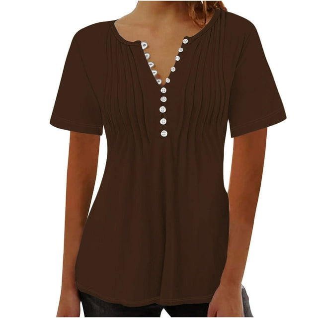 Timegard Hauts d'Été pour Femmes Grande Taille Plissé Col en V Manches Courtes T-Shirts Confortables Tunique Décontractée