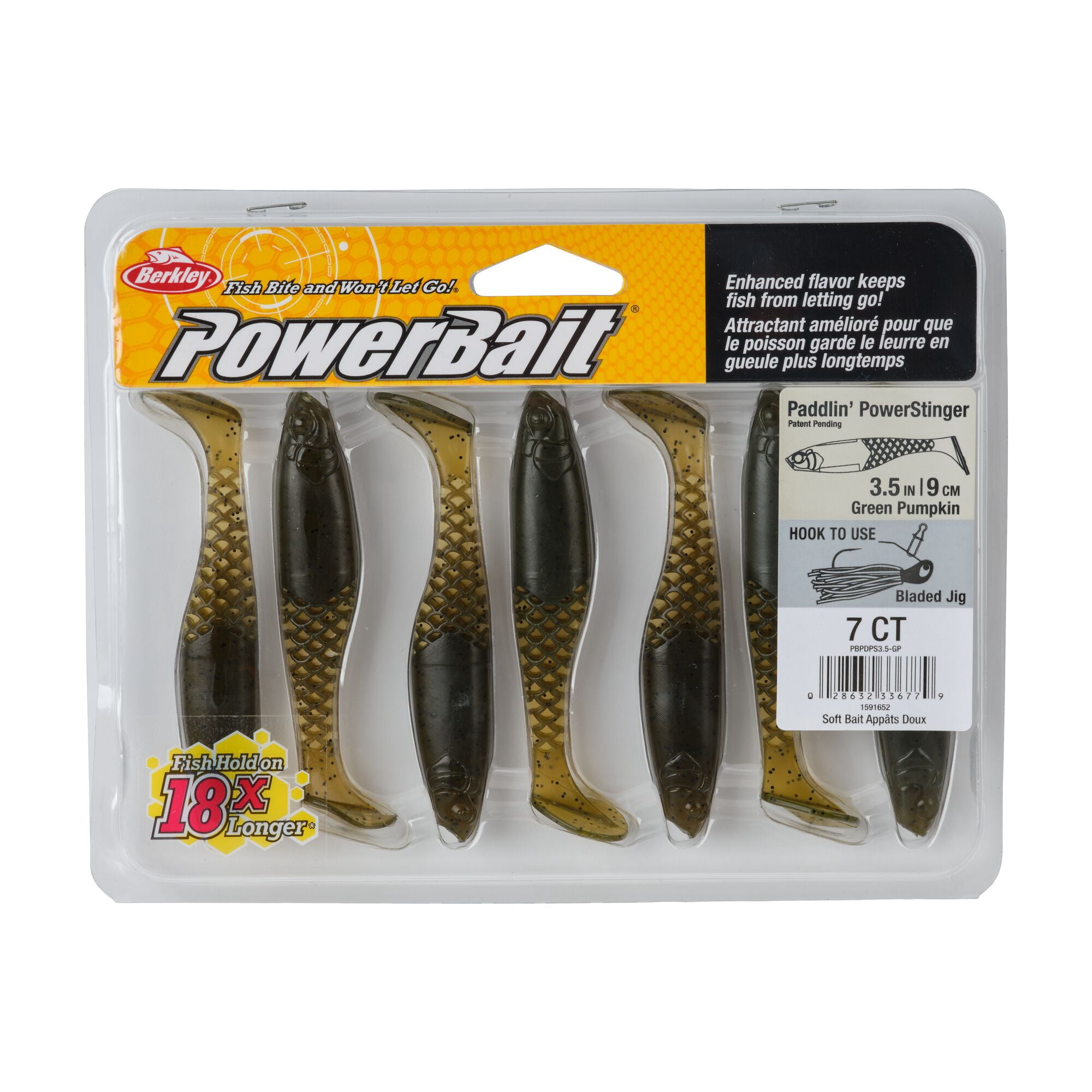 Berkley PowerBait® Paddlin' PowerStinger, 3.5 in, Swimbaits - Paddle Tail, Green Pumpkin (7 Count)