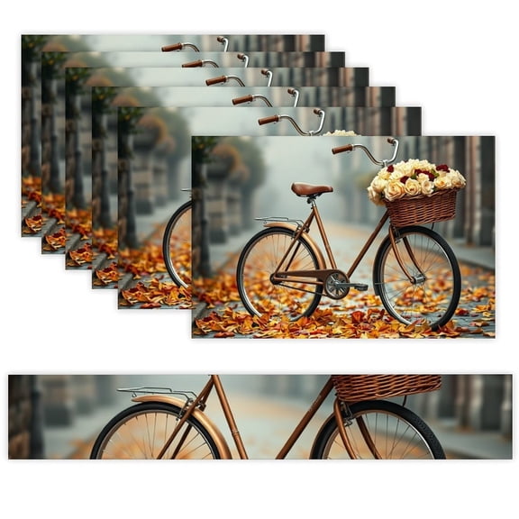 7 Piece Linen Table Runner and Placemats Set, Bicycle Autumn Leaves Round Corner Heat Resistant Washable Table Mats for Home Kitchen Dining Party Decoration