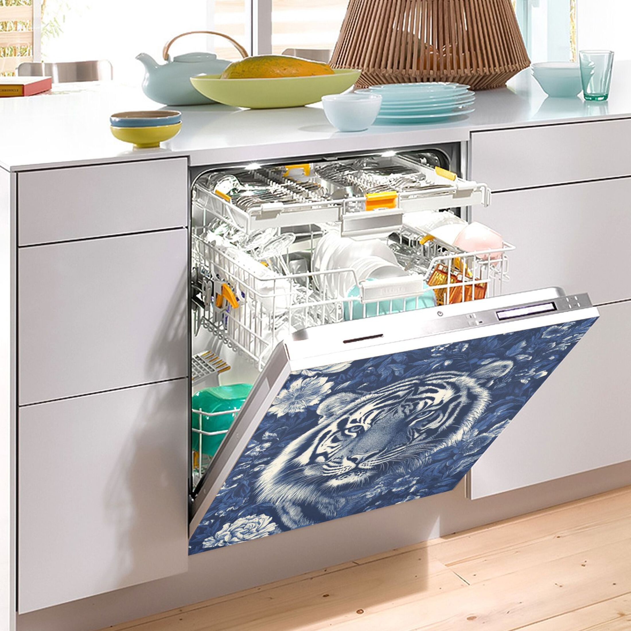 Dishwasher Magnetic Sticker 23x26 Inch Refrigerator Magnetic Sticker Washing Machine Magnetic Sticker Kitchen Panel Magnetic Sticker Home Decor Blue Oil Painting Tiger