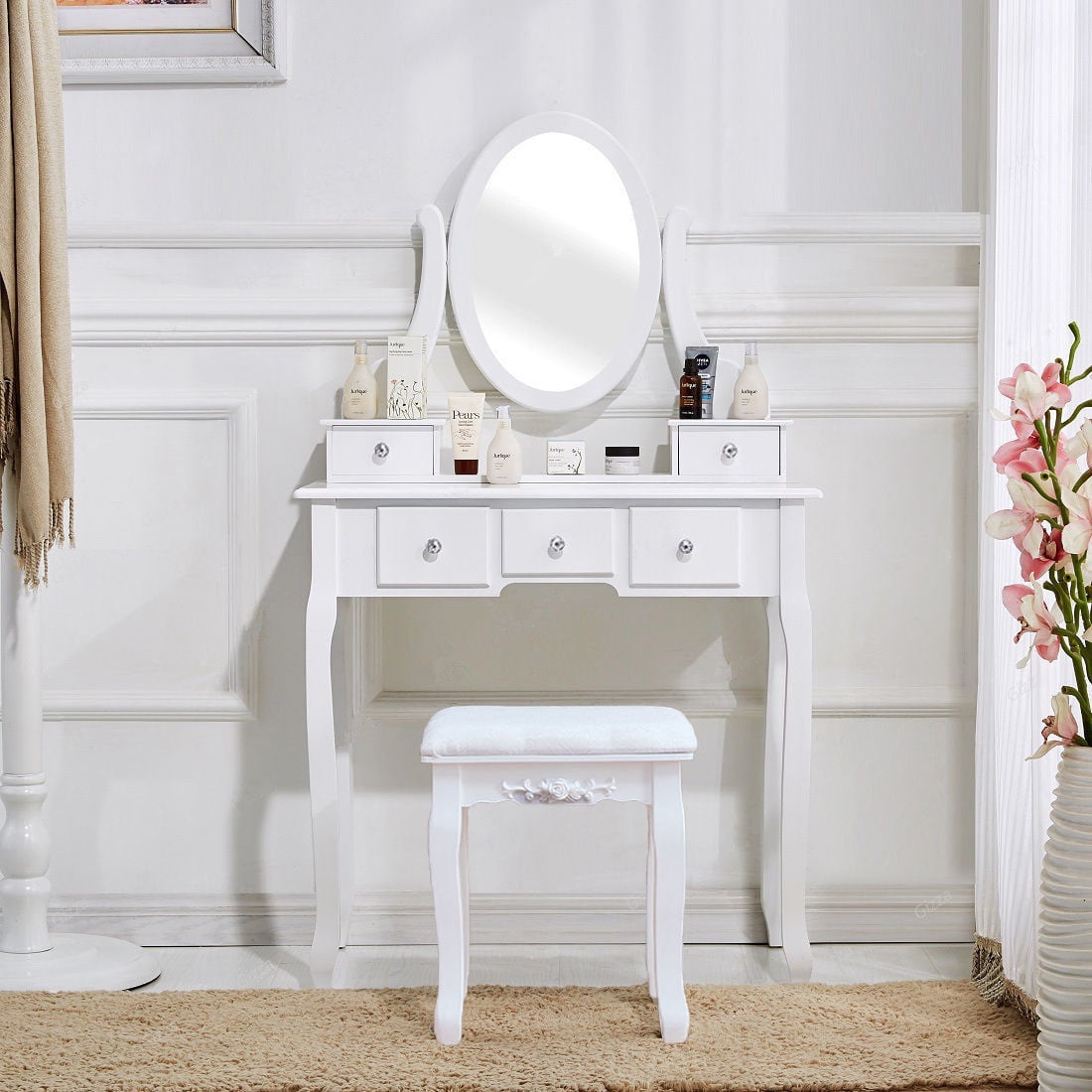 Girls Vanity Desk with Mirror, Vanity Table and Stool ...