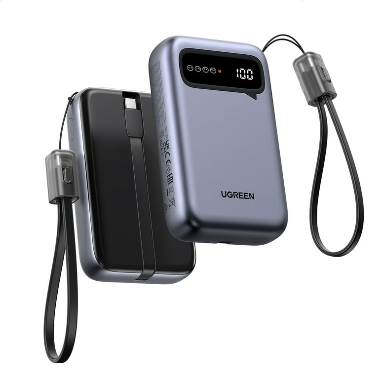 UGREEN 20000mAh Power Bank with 2 Built in Cables, Fast Portable Charger with Digital Display, Gray