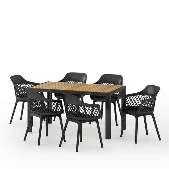 Hunter Wood and Resin Outdoor 7 Piece Dining Set, Black and Teak