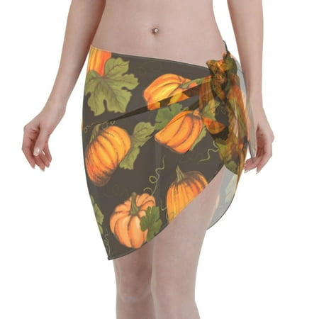 Disketp Orange Pumpkin Autumn Maple Women Swimsuit Cover Up Short Chiffon Summer Beach Sarong Bikini Wrap Skirt Bathing Suit