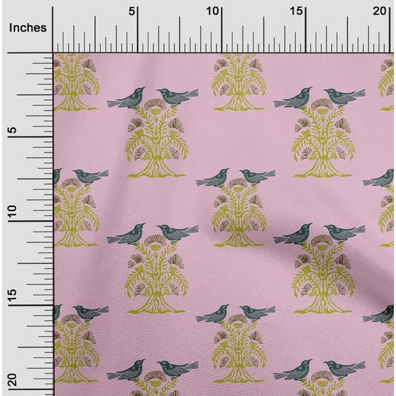 oneOone Georgette Viscose Fabric Bird & Tree Block Print Fabric By Yard 42 Inch Wide