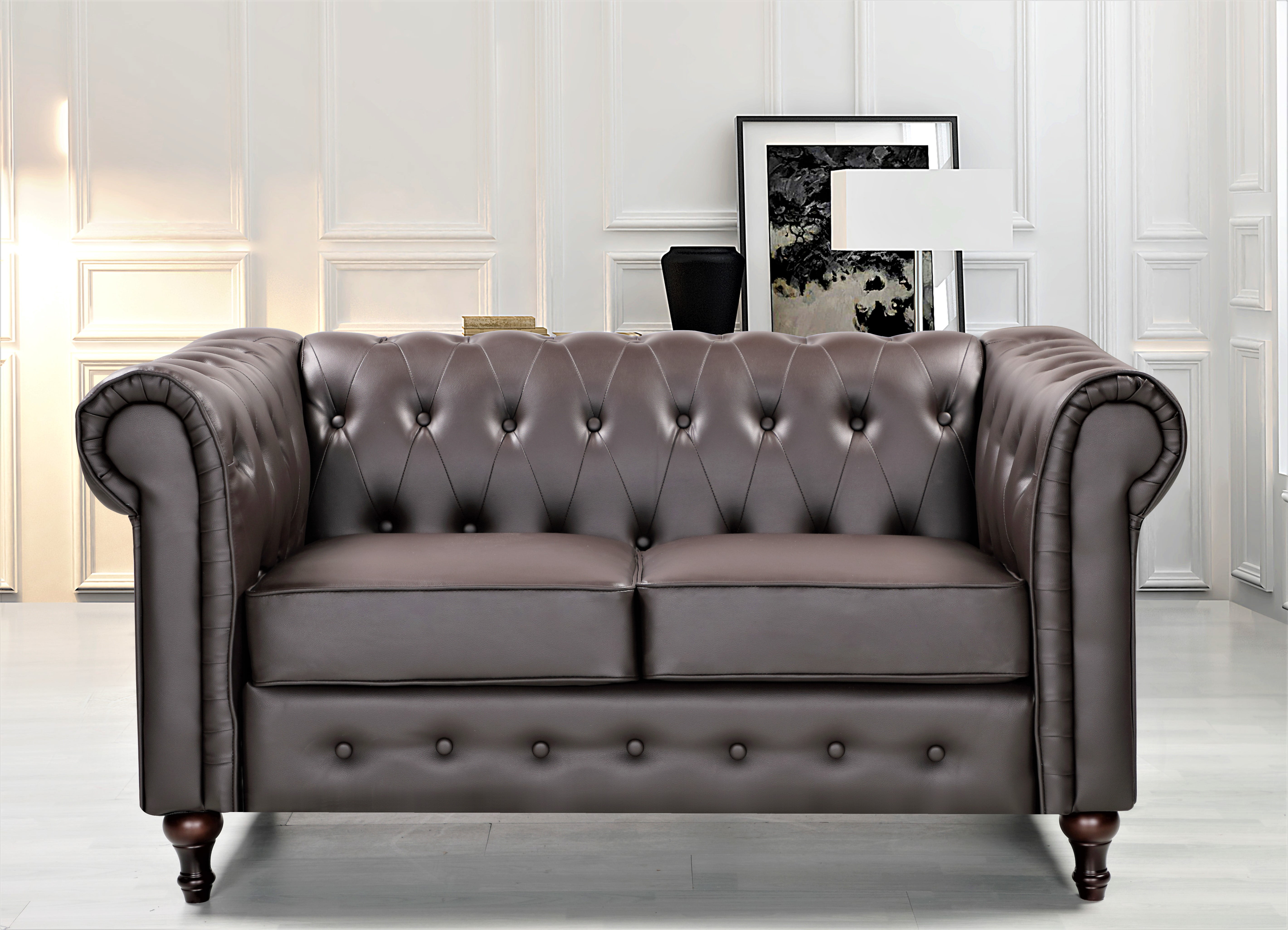 Uspridefurniture Oriskany Chesterfield Faux Leather Loveseat -Brown, Solid Wood Leg