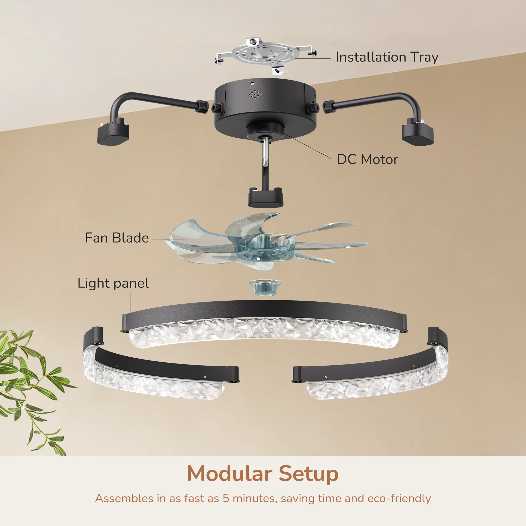 EDISHINE 20'' Low Profile Ceiling Fan with Light and Remote, Dimmable 3000K-6000K LED, 6 Speeds, DC Motor, APP Control, Modern Black Flush Mount Fandelier for Bedroom Kitchen