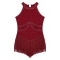 thumbnail image 2 of LiiYii Kids Girls Ballet Dance Latin Jazz Fringed Dress Sheer Mesh Keyhole Back Tassel Leotard Glittery Bodysuit Burgundy 10, 2 of 7