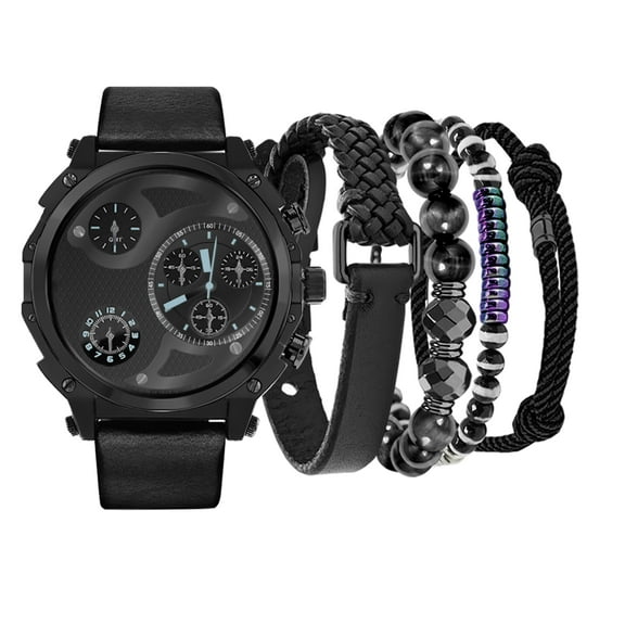 American Exchange Men's Watch Black Case, Black Strap & Assorted Stackable Bracelets