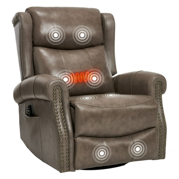 Trustyue Genuine Leather Swivel Rocking Recliner Chair for Adults, 360° Swivel Glider Rocker with Heat & Vibrating Massage, Lounge Chair for Living Room, Bedroom, Nursery (Gray)