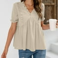 thumbnail image 5 of safuny Women's Trendy Babydoll Tops Solid Elegant Tops Puff Sleeve Tees V Neck Shirts Button Eyelet Vintage Clothing Fashion Summer Beige, 5 of 5