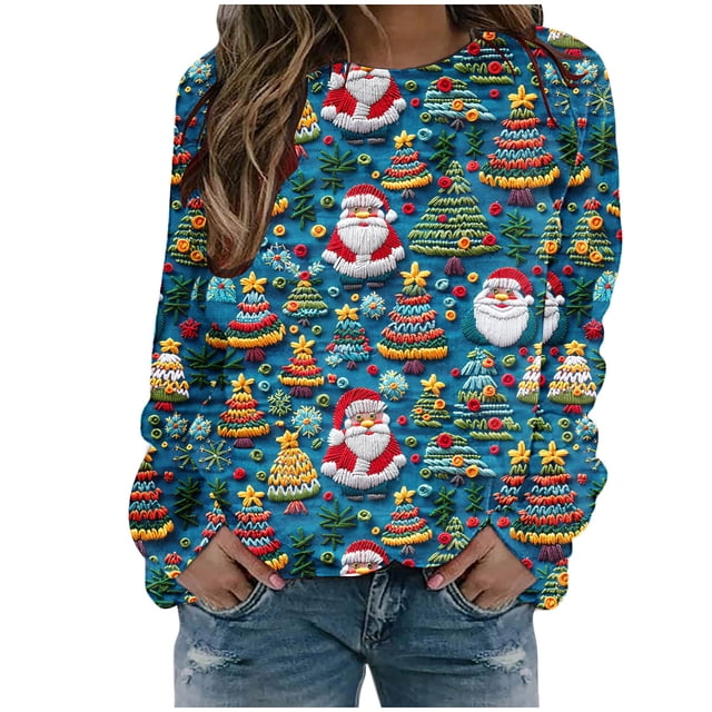 Ugly Noël Chandail Femme Noël Nouveauté Chandails en Molleton Graphiques 3D Manches Longues Col Rond Chandail de Vacances
