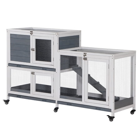 JERFIT 2-Tier Wooden Rabbit Hutch with Wheels, Spacious Indoor Bunny Cage House with Leak-Proof Tray & Ramp for Guinea Pigs, Small Animals, Grey