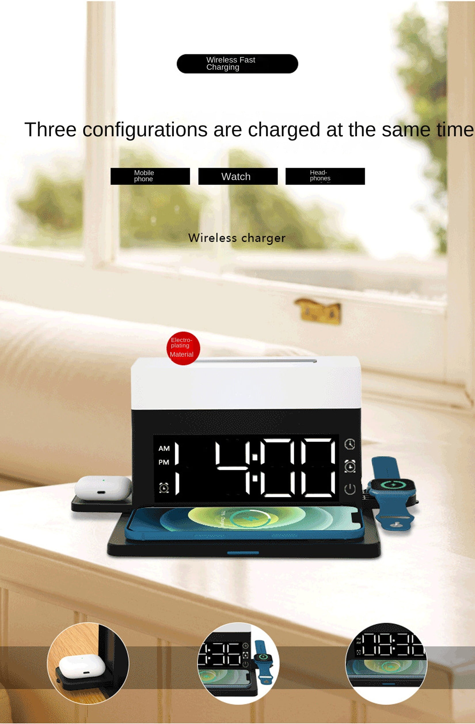 6 in 1 Wireless Charger,6 in 1 Wireless Charging Station with Digital Alarm Clock,Clock,Colorful Atmosphere Night Light,15W Fast Charger Compatible with iPhone 14/13/12/11/XS/8 Samsung Galaxy AirPods