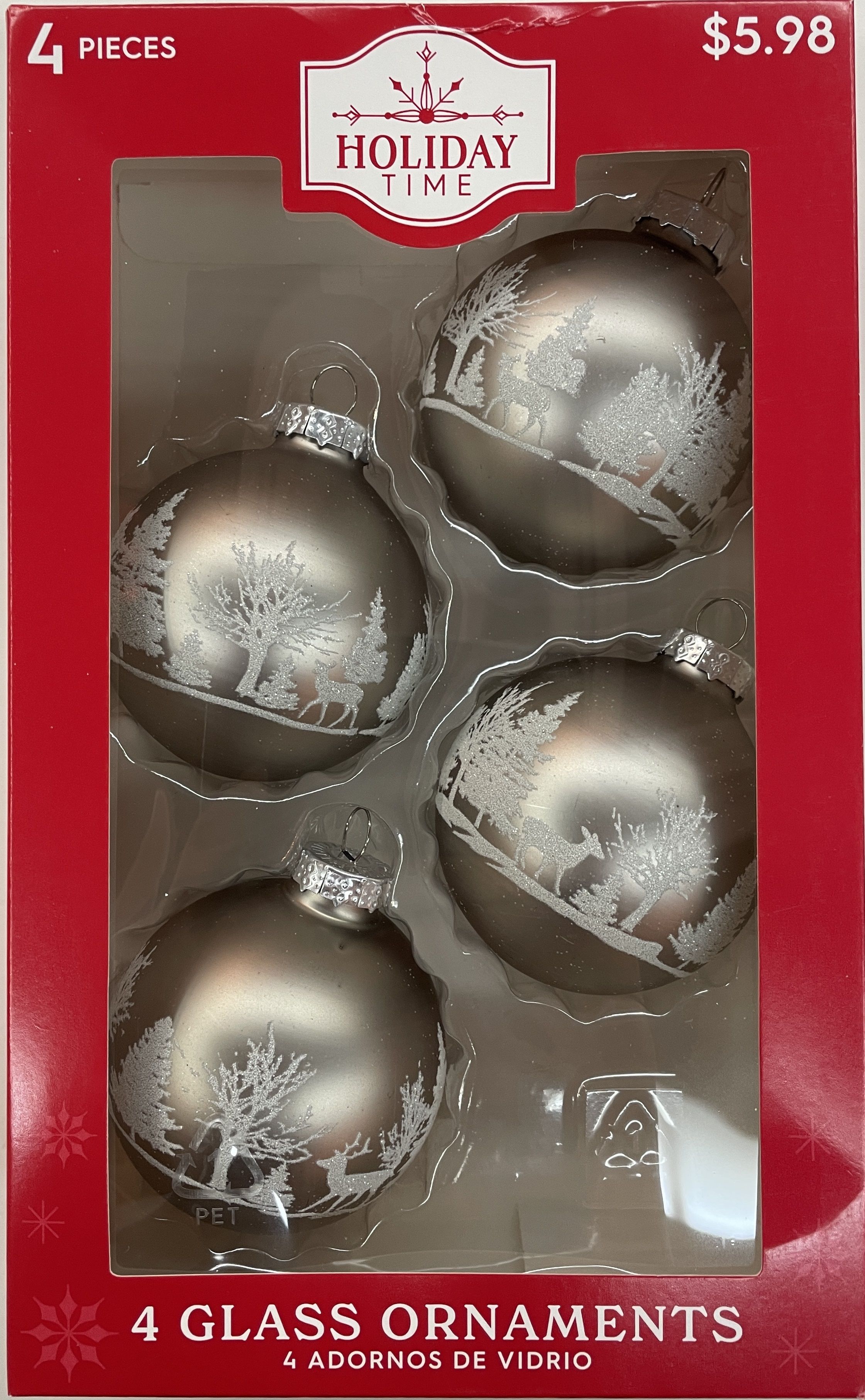 Holiday Time Christmas Silver Assortment Glass Ball Ornaments, 4 count, 65mm, Boxed Glass, Silver/Clear