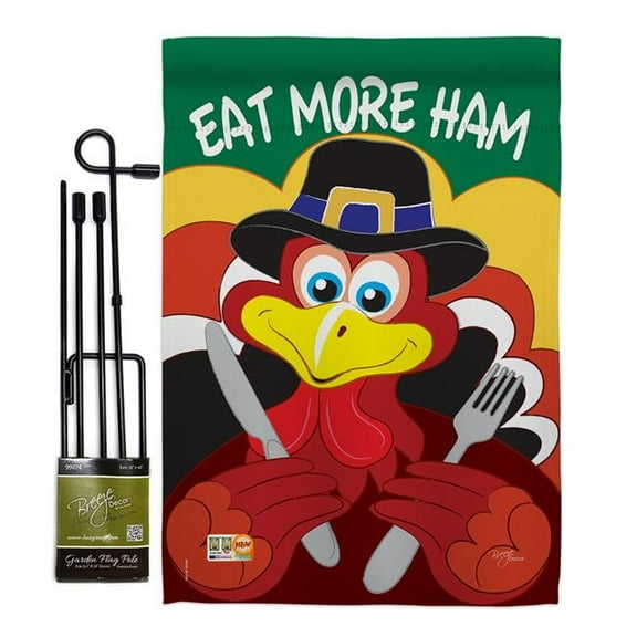 Breeze Decor BD-TG-GS-113034-IP-BO-D-US09-BD 13 x 18.5 in. Eat More Ham Fall Thanksgiving Vertical Double Sided Mini Garden Flag Set with Banner Pole