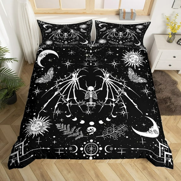 Erosebridal Gothic Skeleton Duvet Cover Twin,Sun Moon Starry Sky Bedding Sets Twin Size,Bat Skull Comforter Cover Twin For Men Women,Super Cozy Room Decoration Reversible,2-Piece(No Comforter)