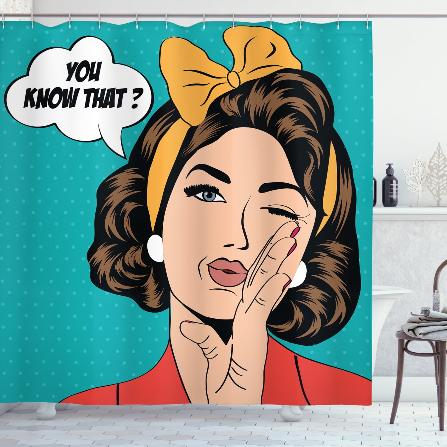Vintage Woman Shower Curtain, Pop Art Comic Style Retro Woman Whispering and Winking Her Eye