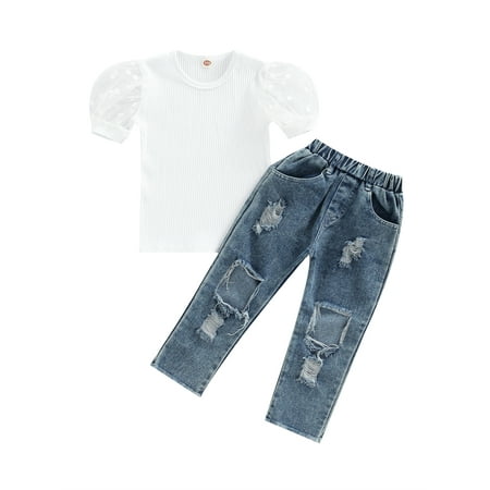 

Frobukio Kids Toddler Girls Casual Sets Mesh Dots Puff Short Sleeve Ribbed T-shirt Raw Hem Ripped Holes Denim Pants White 3-4 Years