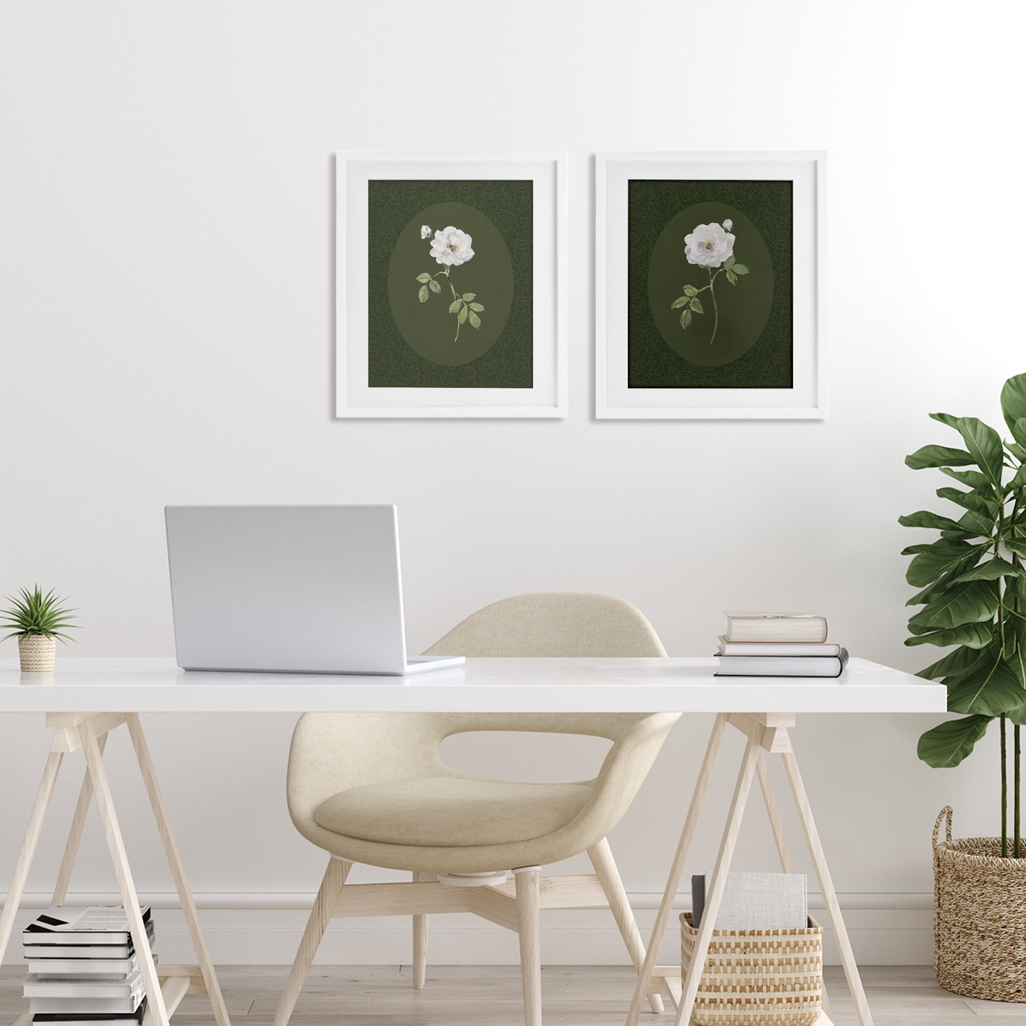 Stupell Industries Ornate Rose Studies over Emerald 2 Piece White Framed Print Under Glass Set, design by Sally Swatland