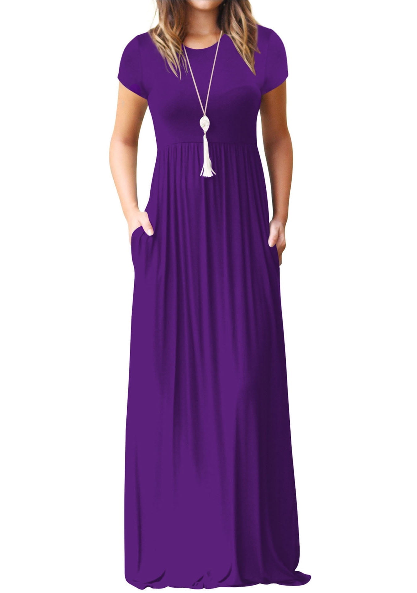 Women's Maxi Dresses Short Sleeve Long Casual Dresses Loose Plain with Pockets, Purple-L(US 12-14)
