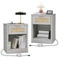 thumbnail image 2 of OAKHAM Rattan Nightstand Set of 2 with Charging Station, Bedside Table with Type-C/USB Port, Boho Side Tables End Table for Living Room, Bedroom, Pale Oak, 2 of 7