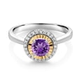 thumbnail image 2 of Gem Stone King 925 Silver and 10K Yellow Gold Purple Amethyst and White Lab Grown Diamond Halo Engagement Ring for Women (0.60 Cttw, Gemstone February Birthstone, Round 5MM, Size 8), 2 of 3