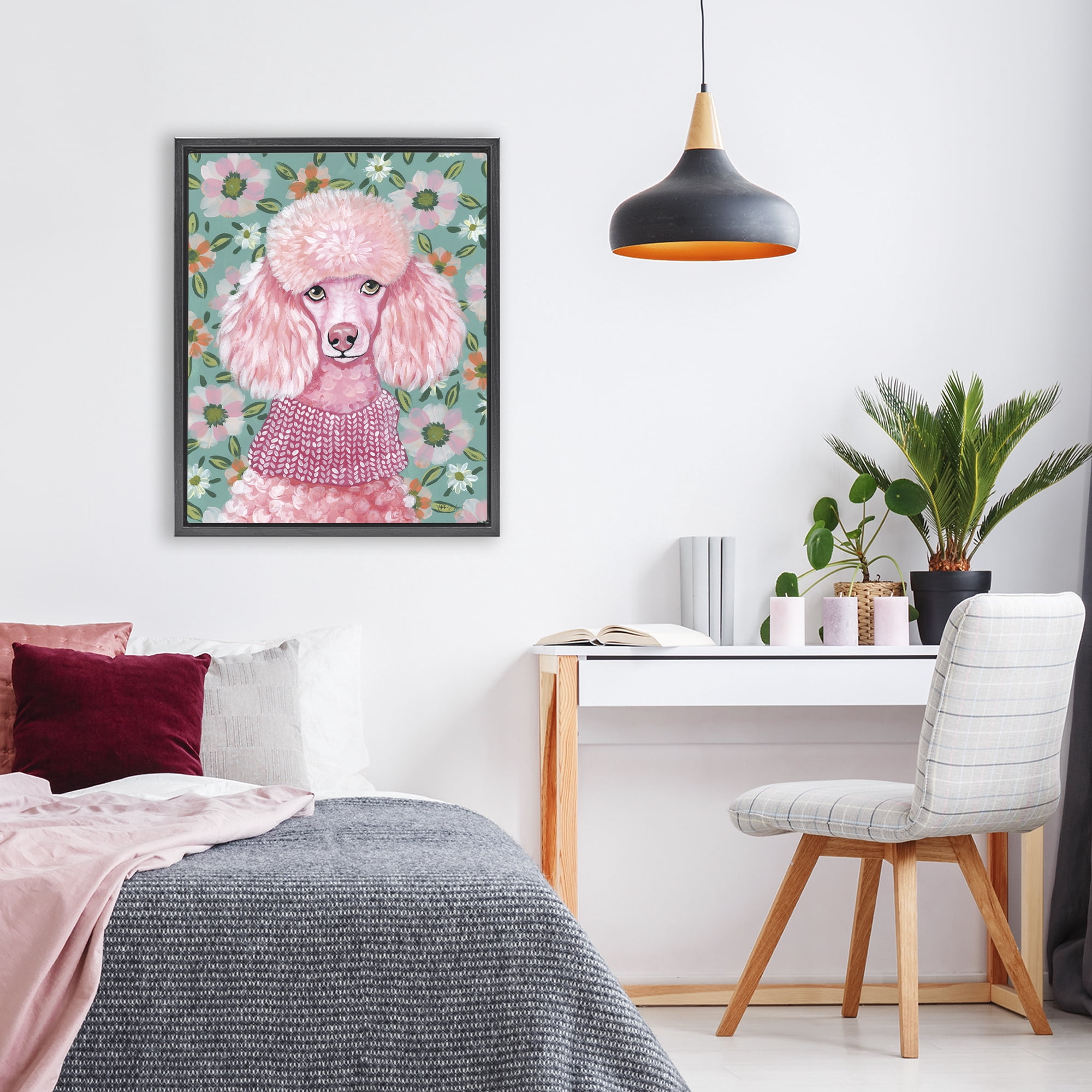 Stupell Industries Floral Poodle In Pink Black Framed Floater Canvas Wall Art, design by Yvette St. Amant