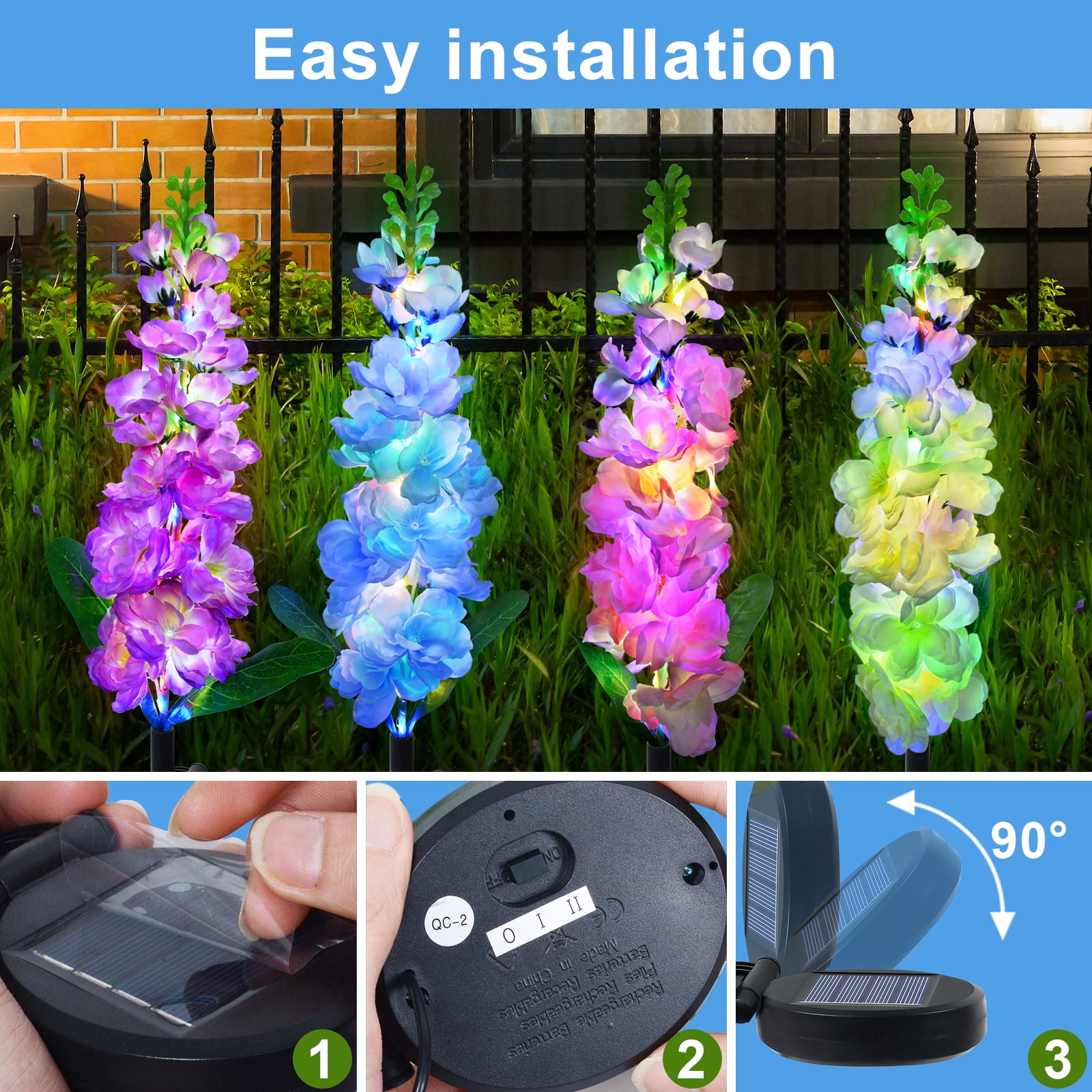 Qoosea Solar Delphinium Flowers Lights Outdoor, 4 pack 80 Leds Waterproof Solar Garden Lights Yard Decorations Outdoor Garden Lights Outside Gift for Women