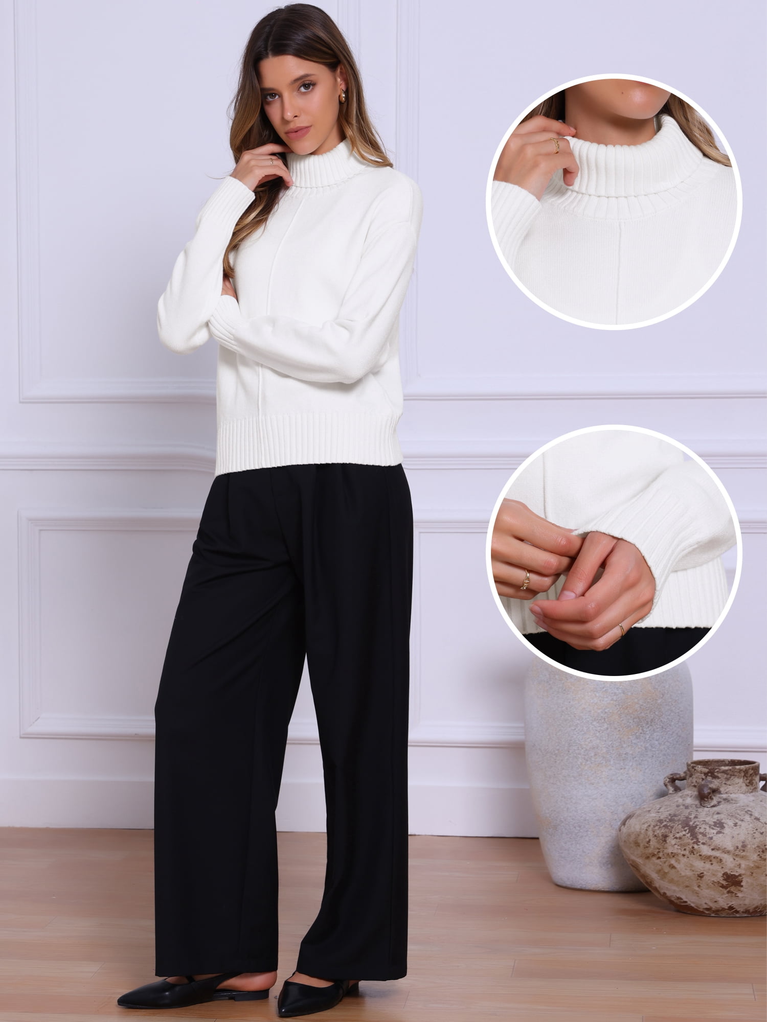 DARING DIVA Turtleneck Sweater Long Sleeve Knit Pullover Sweaters M White