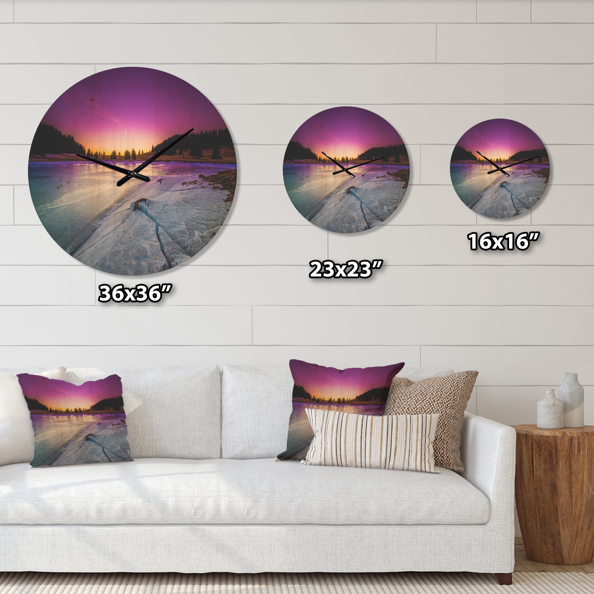 Designart 'Dawn over Frozen Lake ' Modern Wood Wall Clock