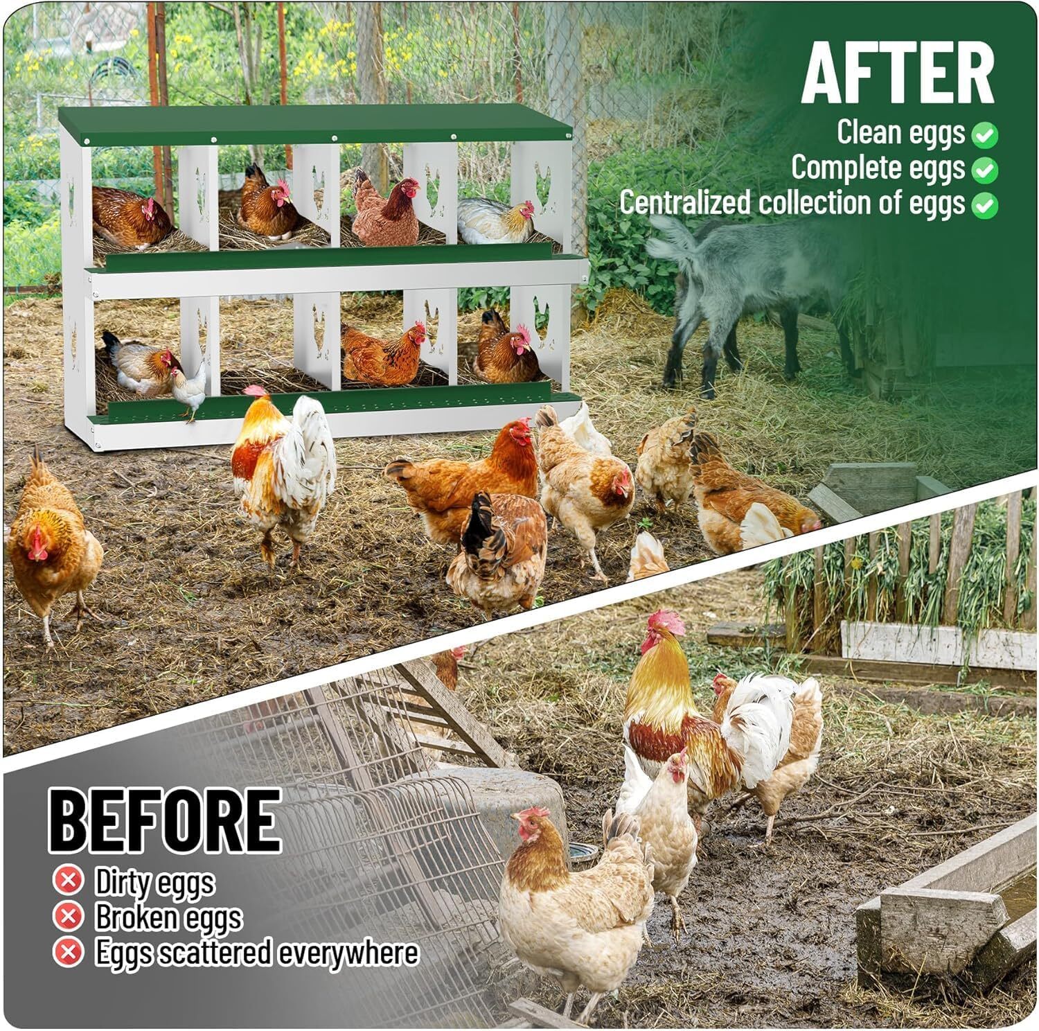 SparkTrend Nesting Boxes for Chickens, 8 Compartment Chicken Nesting Box, Metal Chicken Laying Boxes with Perch, Secure Lid, Versatile Wall Mount or Free Standing for Hens, Green