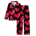 thumbnail image 2 of Womens Valentines Pajamas Set Cozy Casual Loose Cardigan Heart Print Collar Long Sleeve Button Up Loungewear Soft Two Piece Holiday Sleepwear With Pockets Black L, 2 of 5