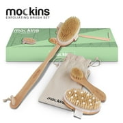 Mockins Natural Boar Dry Body Massage Brush Set | Exfoliate / Reduce Cellulite Brushing | Back Scrubber, Face & Hand Brush