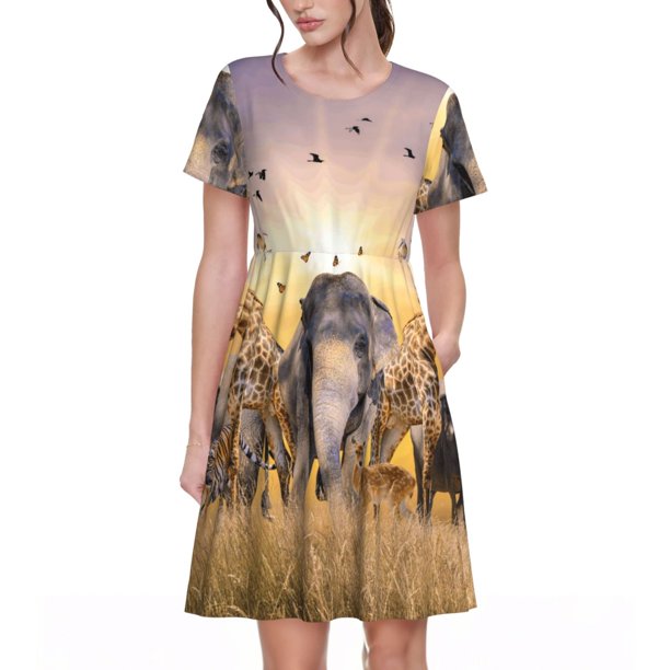 Disketp Vintage Wildlife Protection para Vestido de Manga Corta para Mujeres, Vestidos de Verano para Mujeres, Casual y Holgado para la Playa